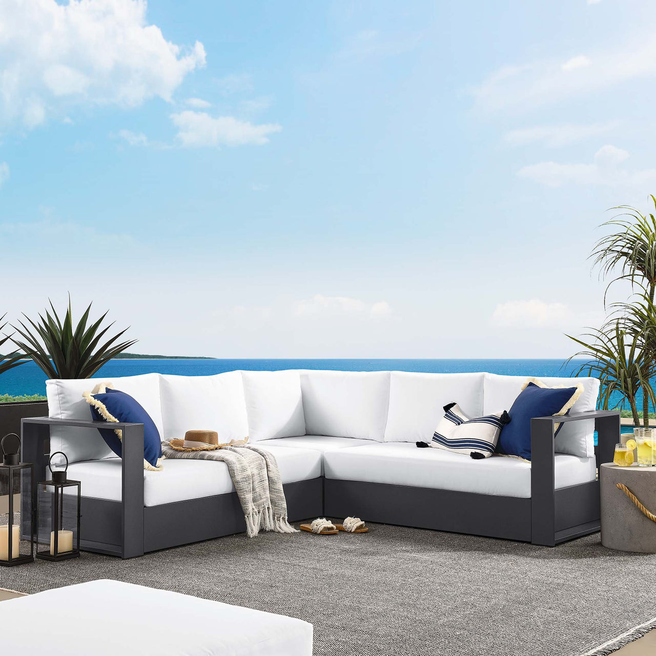Tahlor 3-Piece Alfresco Powder-Coated Aluminum Sectional Sofa Set, Gray & White