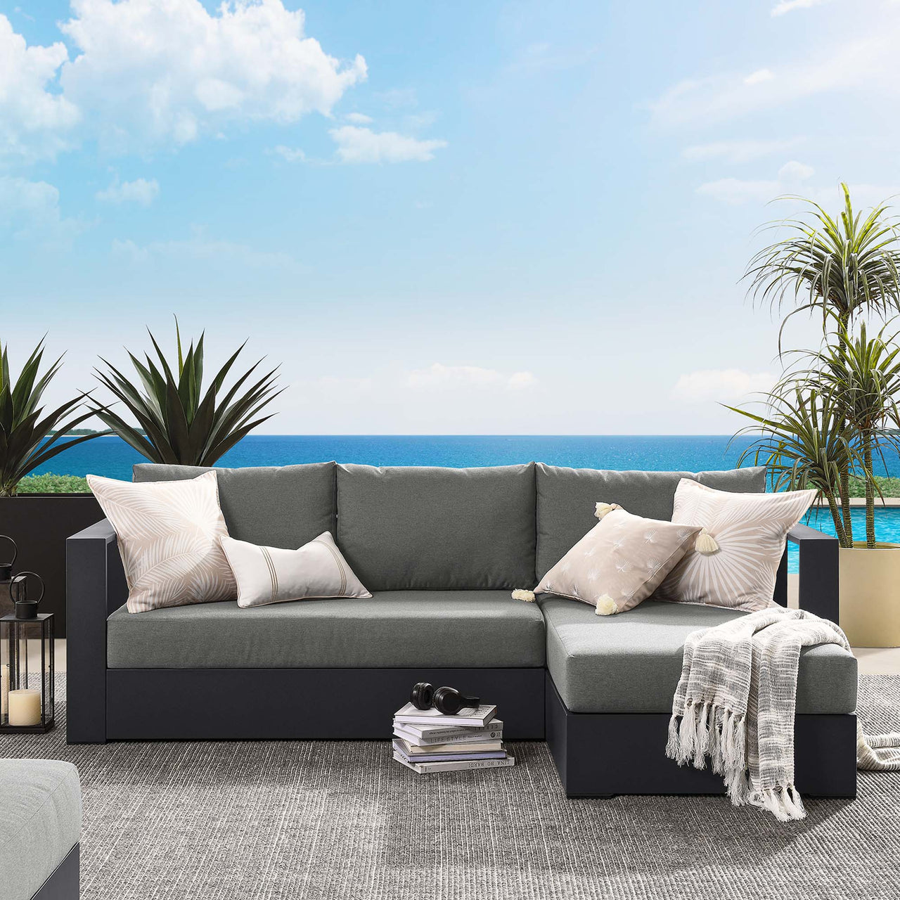 Tahlor 2-Piece Alfresco Powder-Coated Aluminum Right-Facing Chaise Sectional Sofa Set, Gray & Charcoal