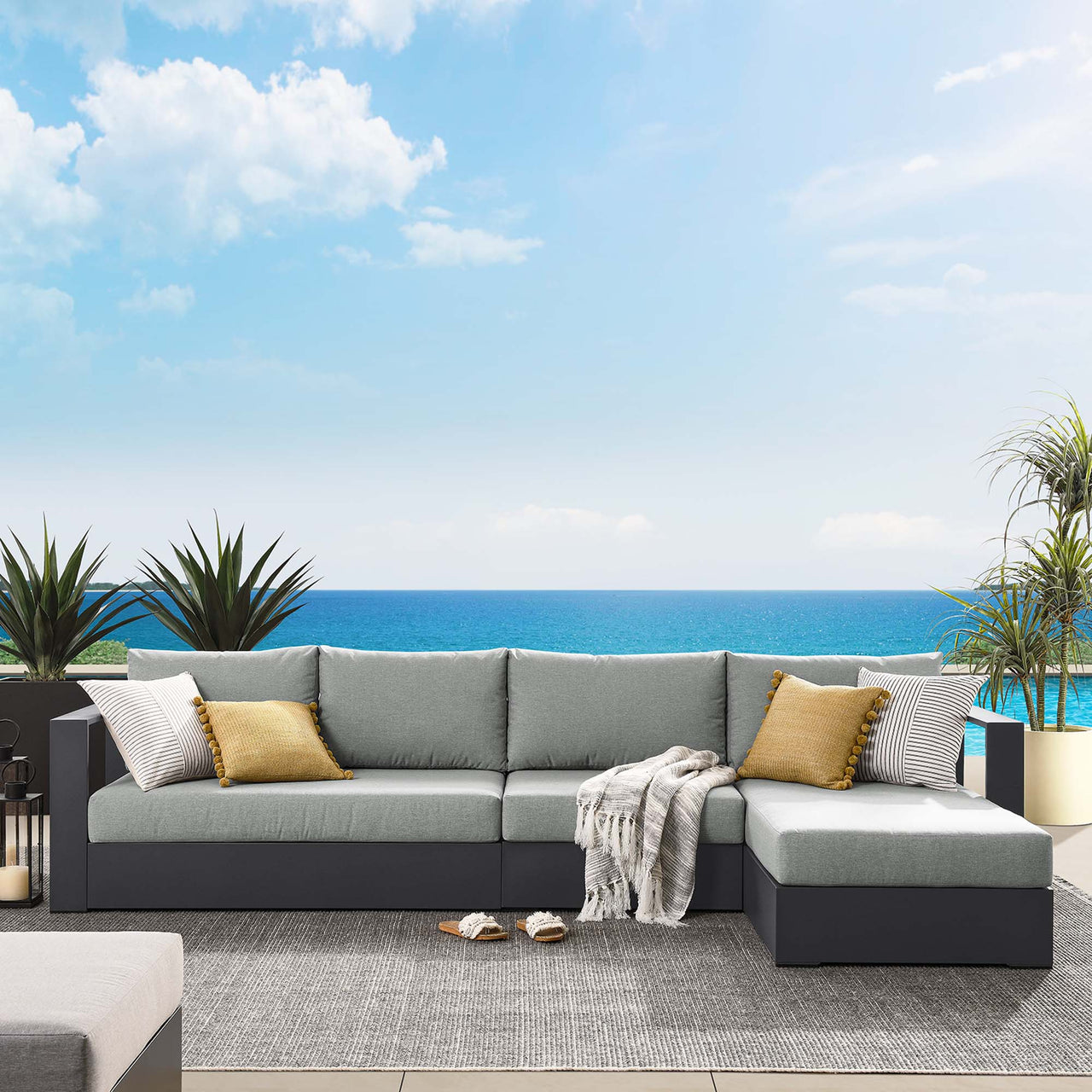 Tahlor 3-Piece Alfresco Powder-Coated Aluminum Right-Facing Chaise Sectional Sofa Set, Gray