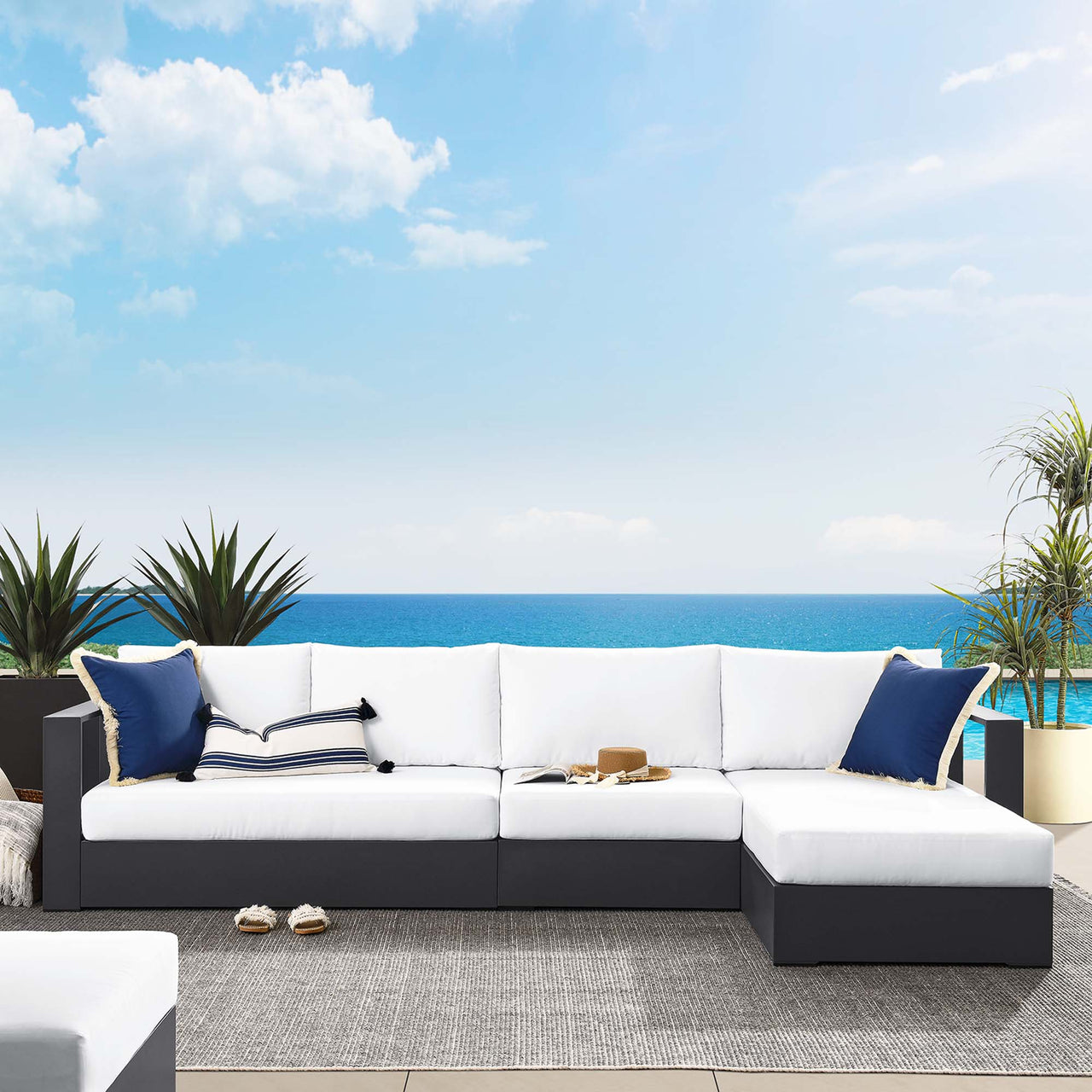 Tahlor 3-Piece Alfresco Powder-Coated Aluminum Right-Facing Chaise Sectional Sofa Set, Gray & White