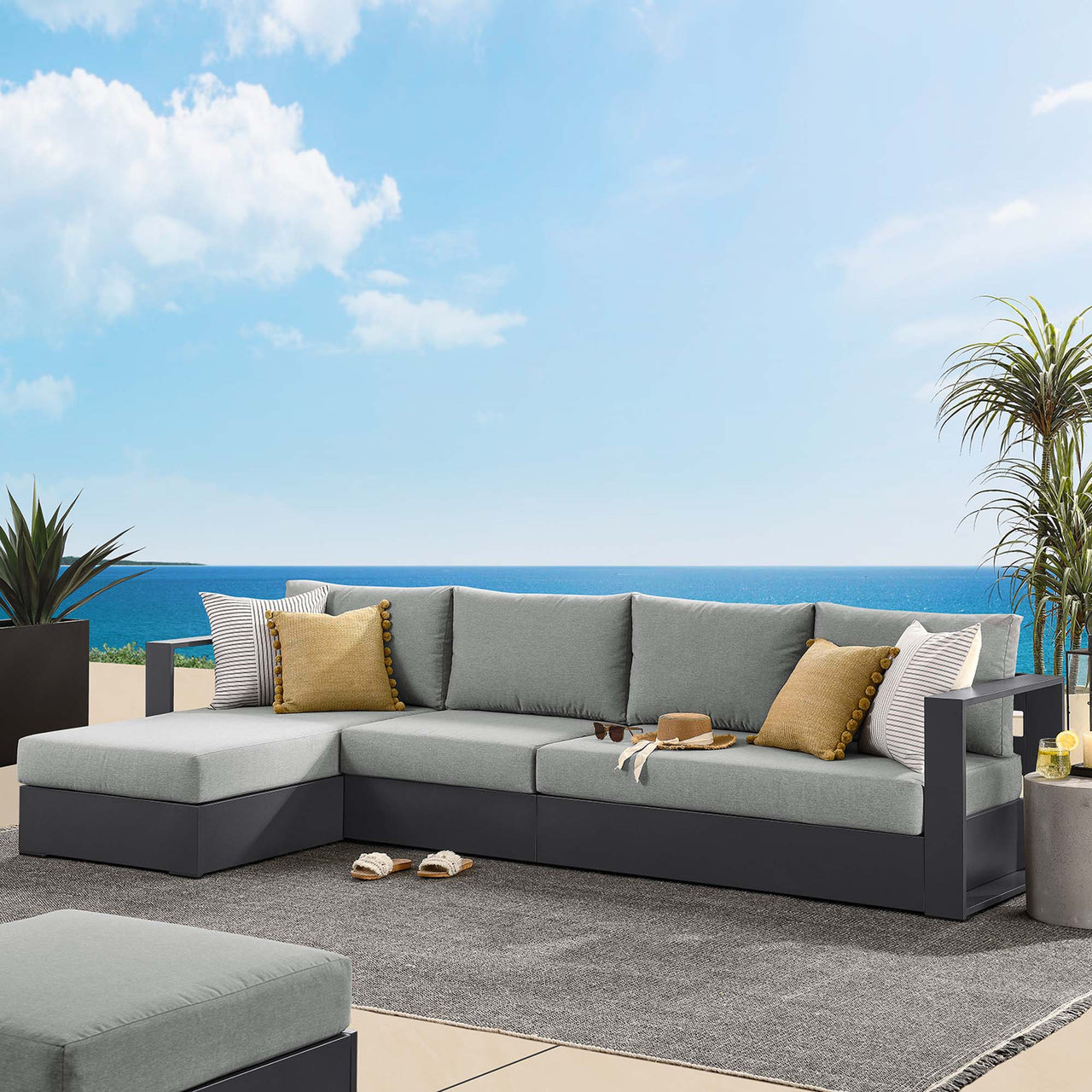 Tahlor 3-Piece Alfresco Powder-Coated Aluminum Left-Facing Chaise Sectional Sofa Set, Gray