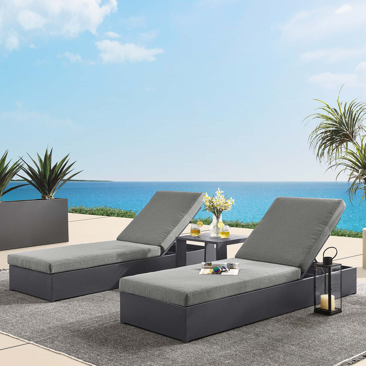 Tahlor 3-Piece Alfresco Powder-Coated Aluminum Chaise Lounge Set, Gray & Charcoal