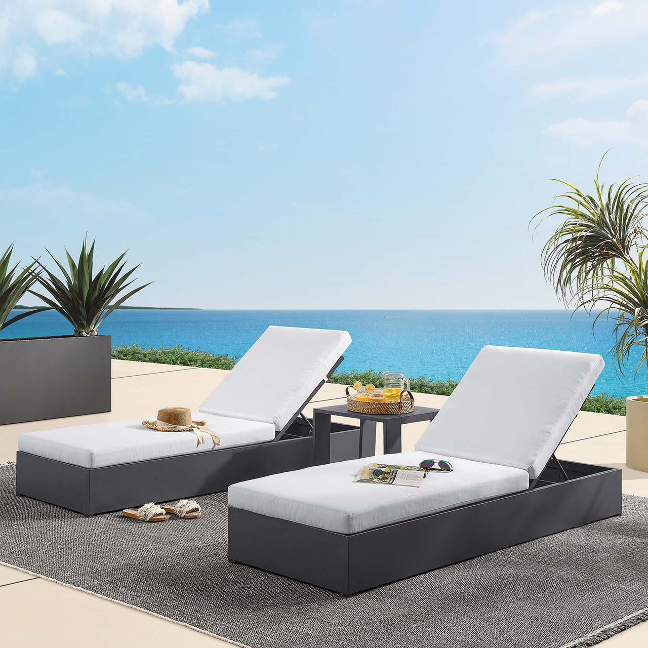 Tahlor 3-Piece Alfresco Powder-Coated Aluminum Chaise Lounge Set, Gray & White