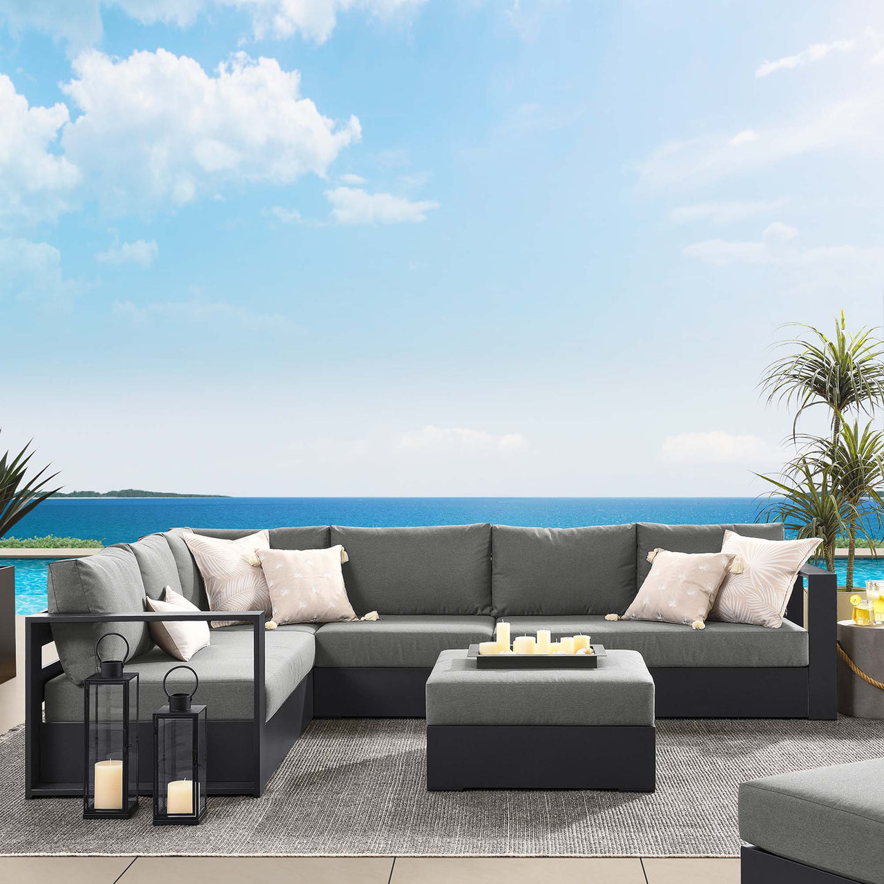 Tahlor 5-Piece Alfresco Powder-Coated Aluminum Sectional Sofa Set, Gray & Charcoal