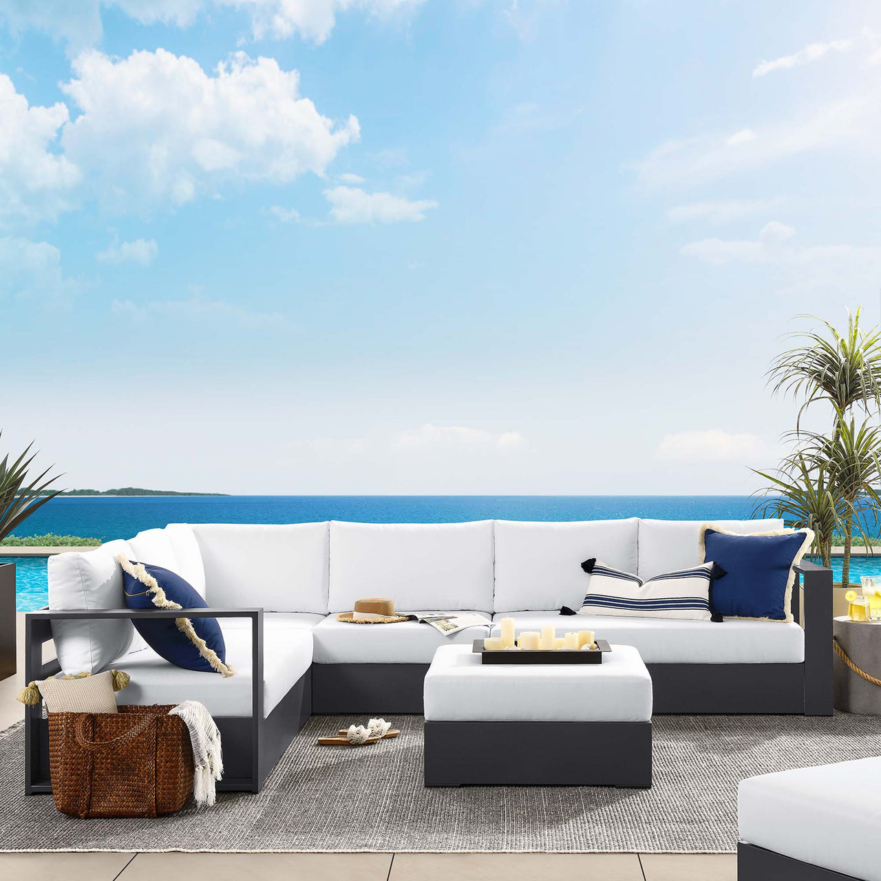 Tahlor 5-Piece Alfresco Powder-Coated Aluminum Sectional Sofa Set, Gray & White