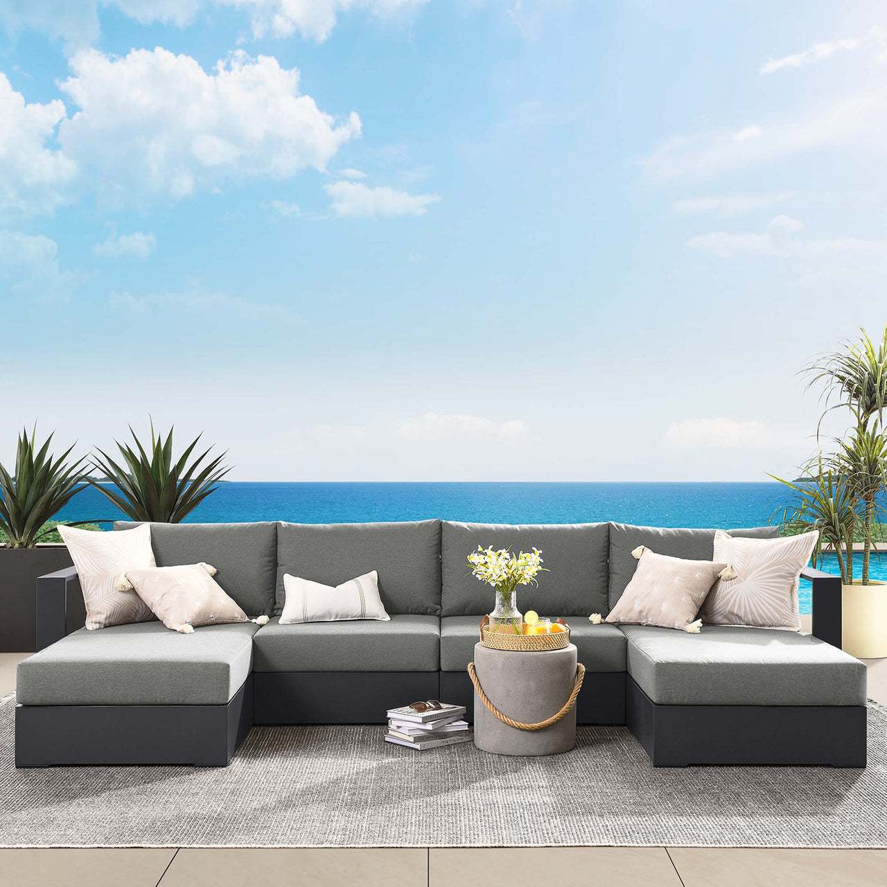Tahlor 4-Piece Alfresco Powder-Coated Aluminum Sectional Sofa Set, Gray & Charcoal