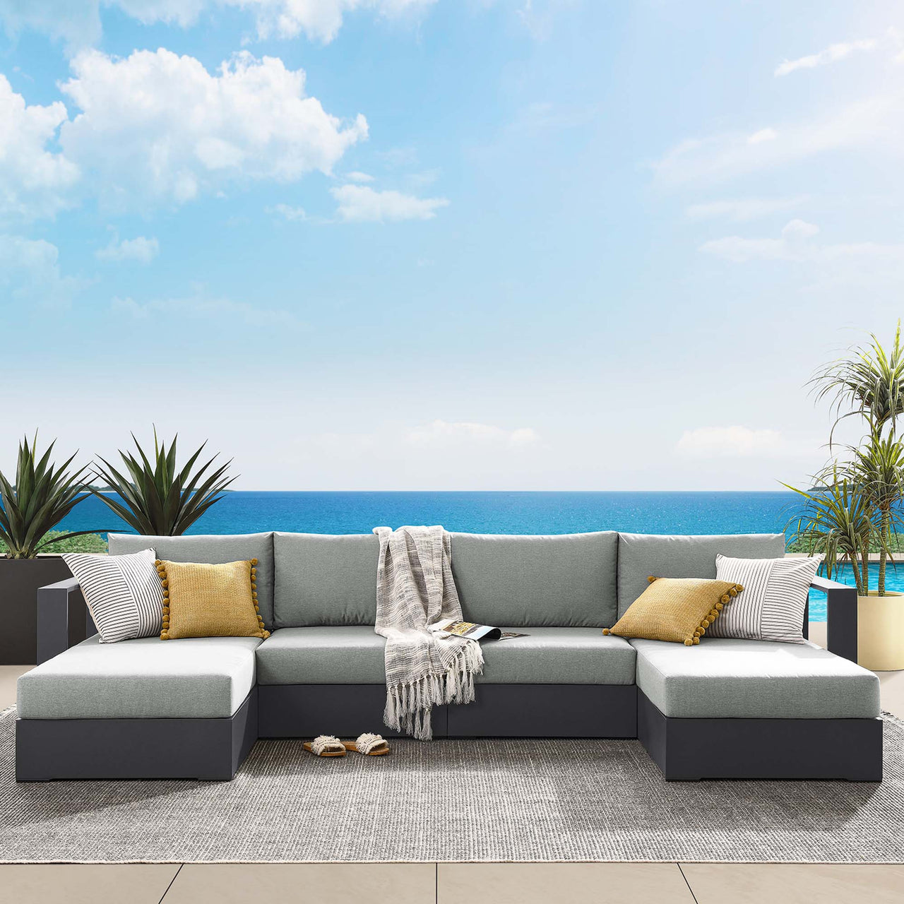 Tahlor 4-Piece Alfresco Powder-Coated Aluminum Sectional Sofa Set, Gray