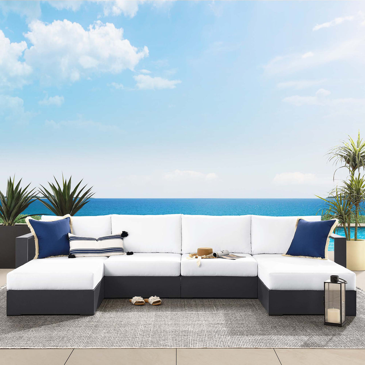 Tahlor 4-Piece Alfresco Powder-Coated Aluminum Sectional Sofa Set, Gray & White