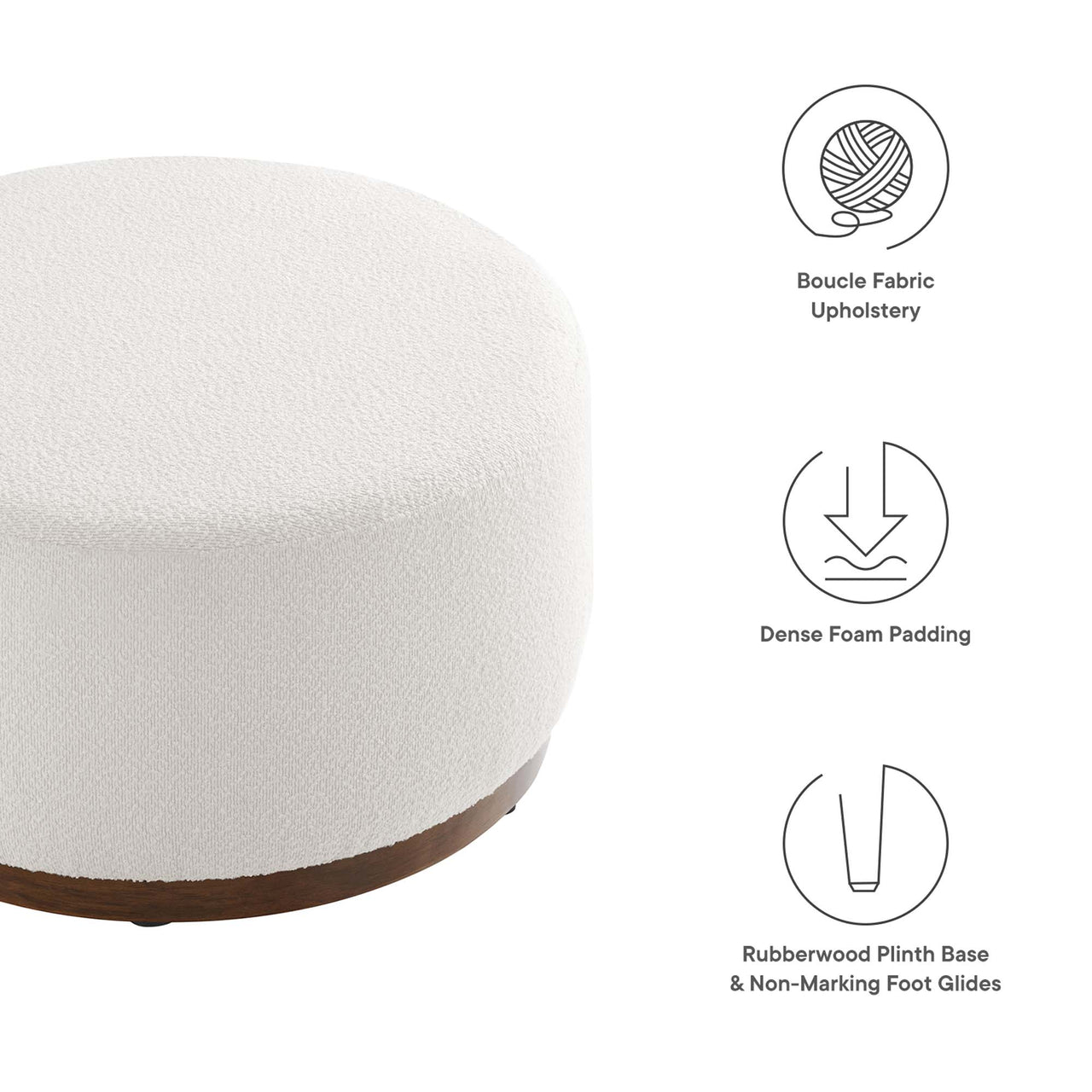 Ardena Round Boucle Ottoman, Medium, Ivory & Walnut
