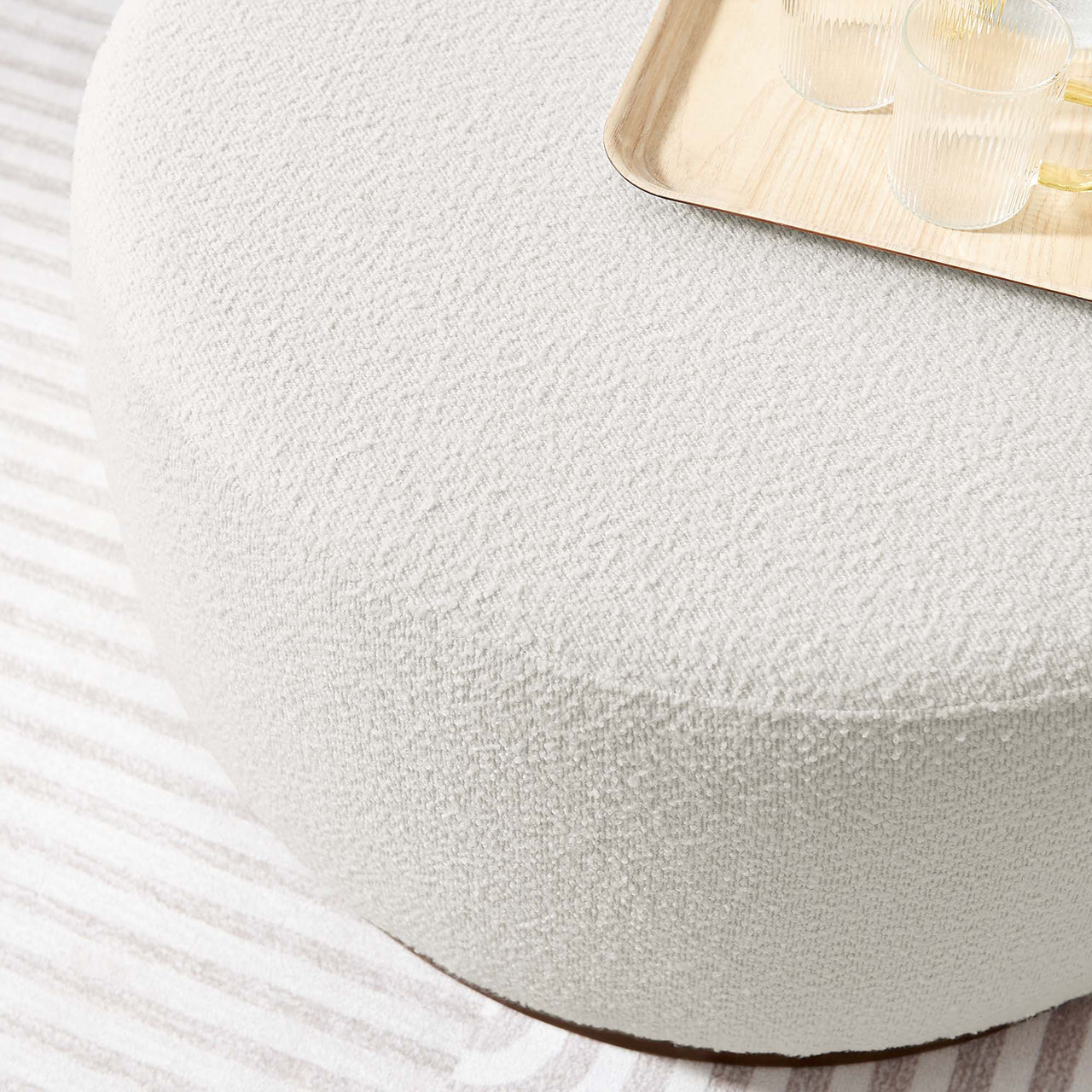 Ardena Round Boucle Ottoman, Medium, Ivory & Walnut