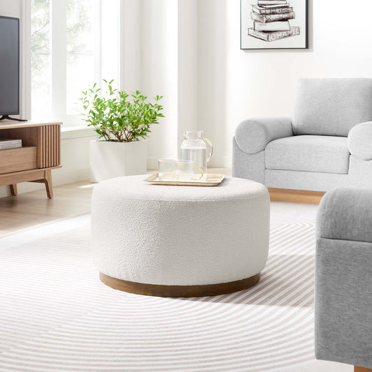 Ardena Round Boucle Ottoman, Medium, Ivory & Walnut
