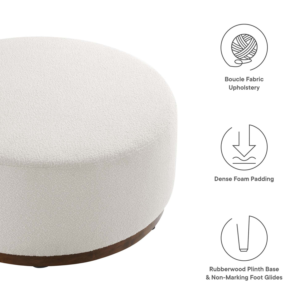Ardena Round Boucle Ottoman, Large, Ivory & Walnut