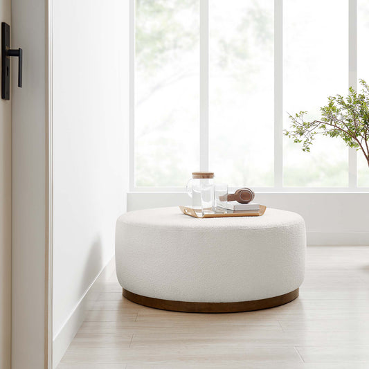 Ardena Round Boucle Ottoman, Large, Ivory & Walnut