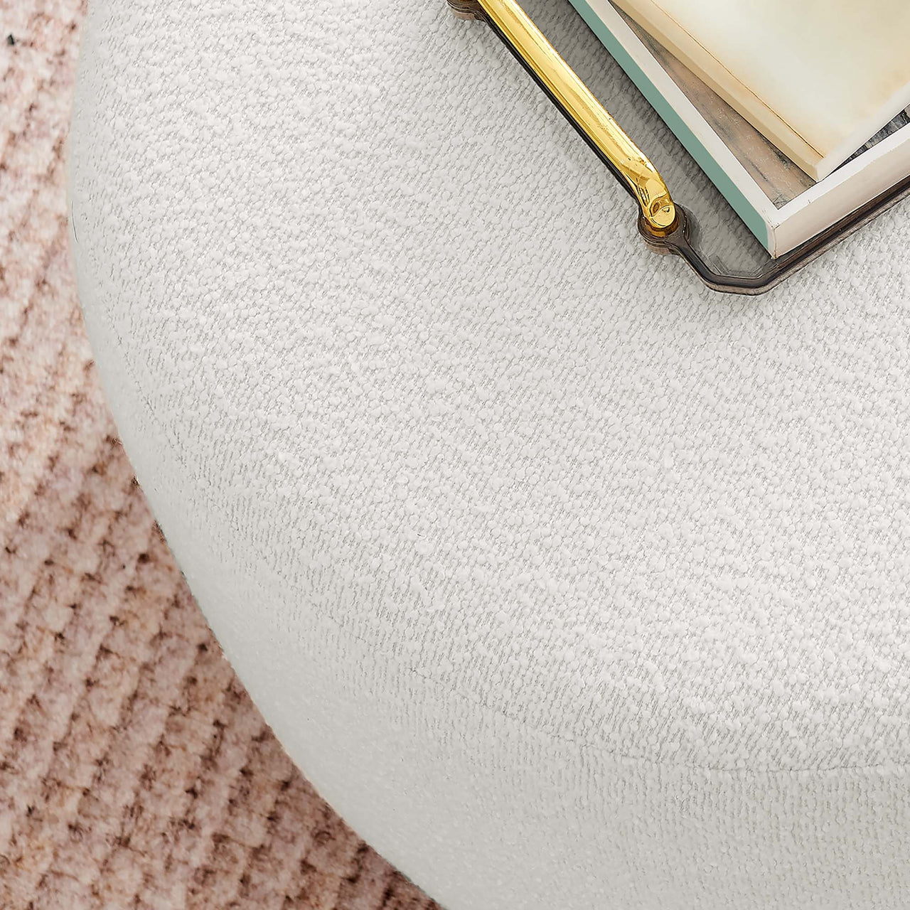 Ardena Round Boucle Ottoman, Small, Ivory & Walnut
