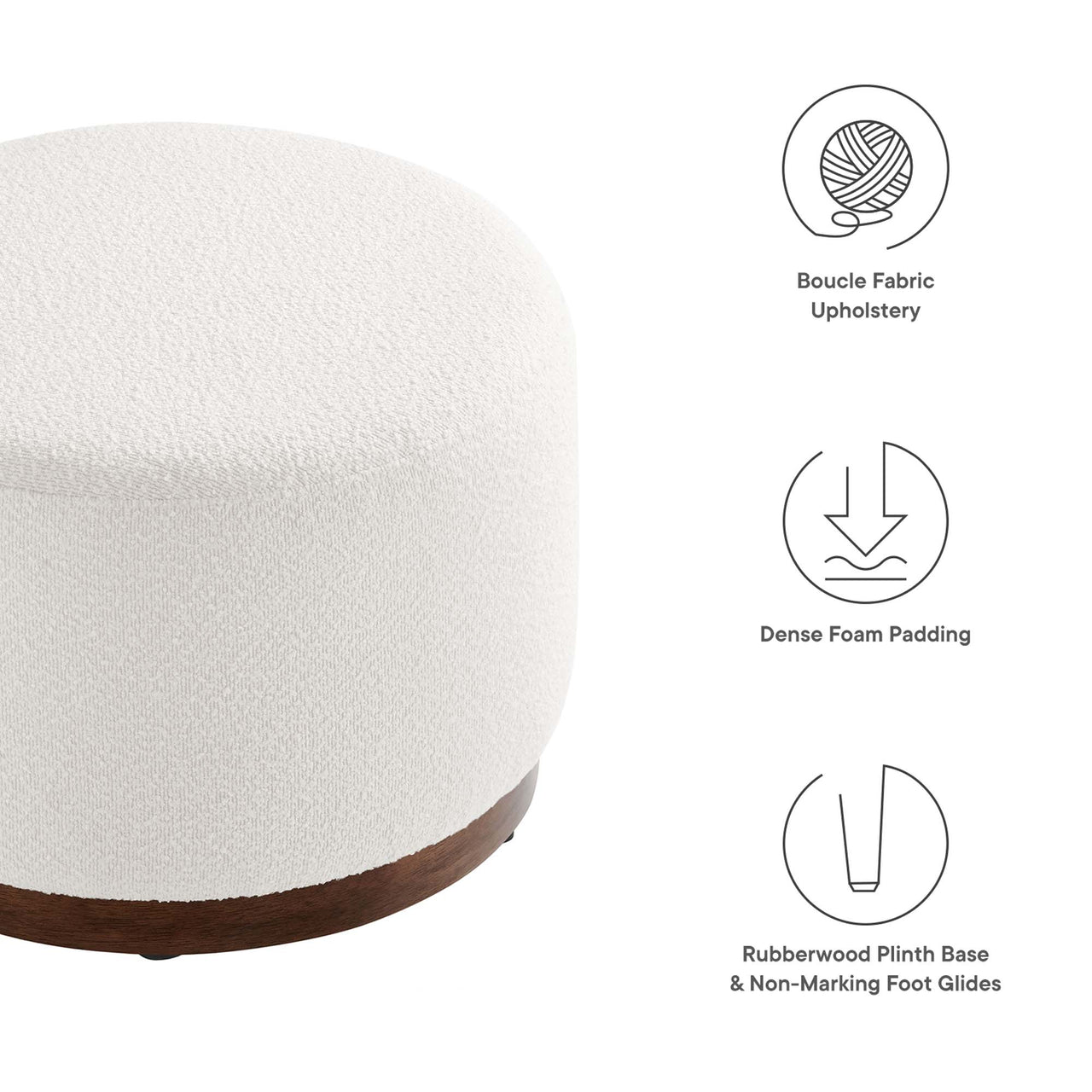 Ardena Round Boucle Ottoman, Small, Ivory & Walnut