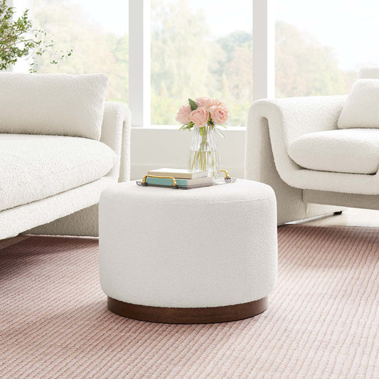 Ardena Round Boucle Ottoman, Small, Ivory & Walnut
