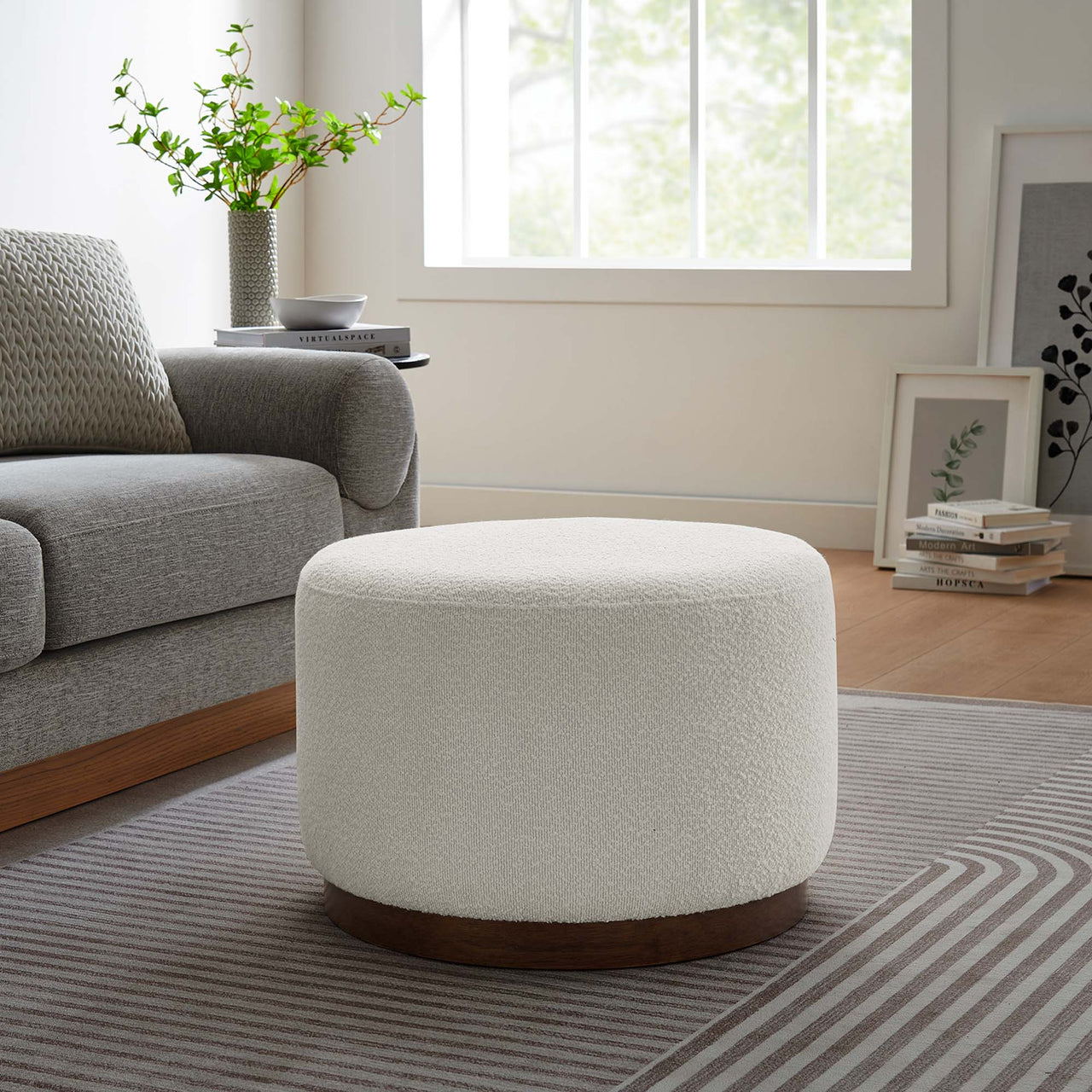 Ardena Round Boucle Ottoman, Small, Ivory & Walnut