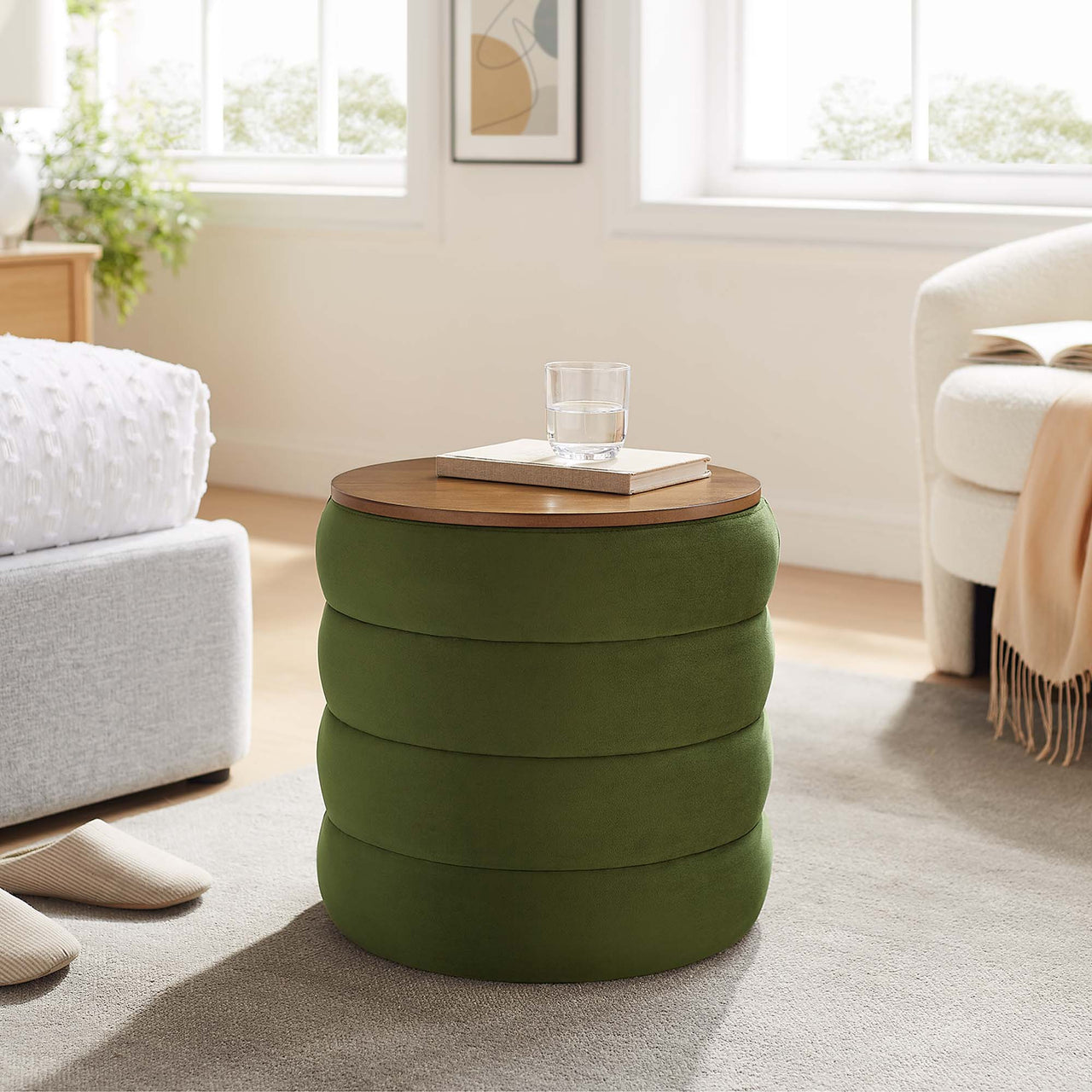 Stacked Round Velvet Storage Ottoman, Basil
