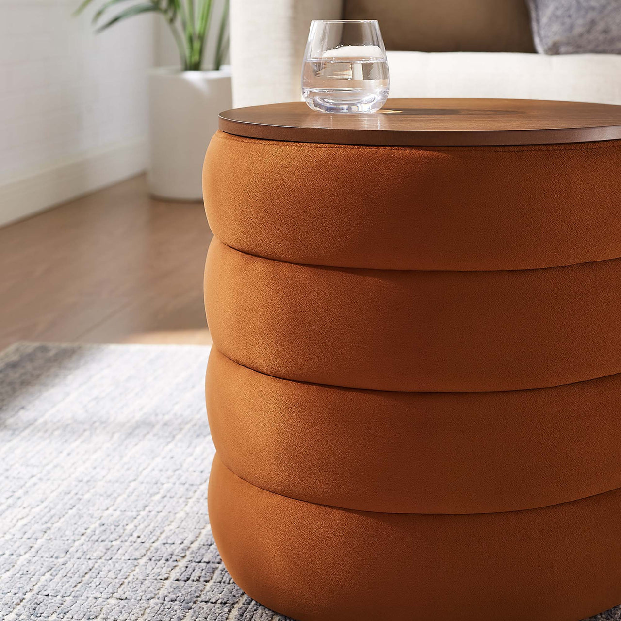 Stacked Round Velvet Storage Ottoman, Terracotta