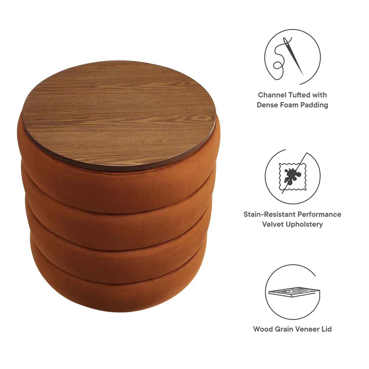 Stacked Round Velvet Storage Ottoman, Terracotta
