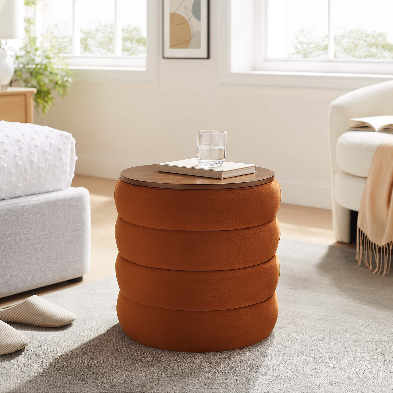 Stacked Round Velvet Storage Ottoman, Terracotta