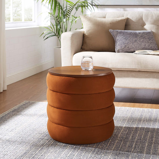 Stacked Round Velvet Storage Ottoman, Terracotta