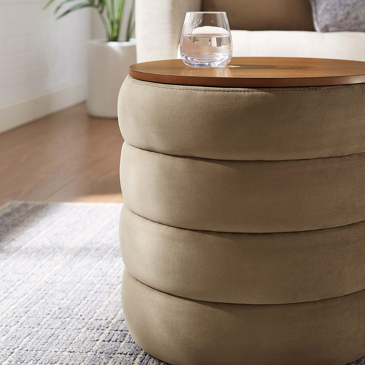 Stacked Round Velvet Storage Ottoman, Taupe