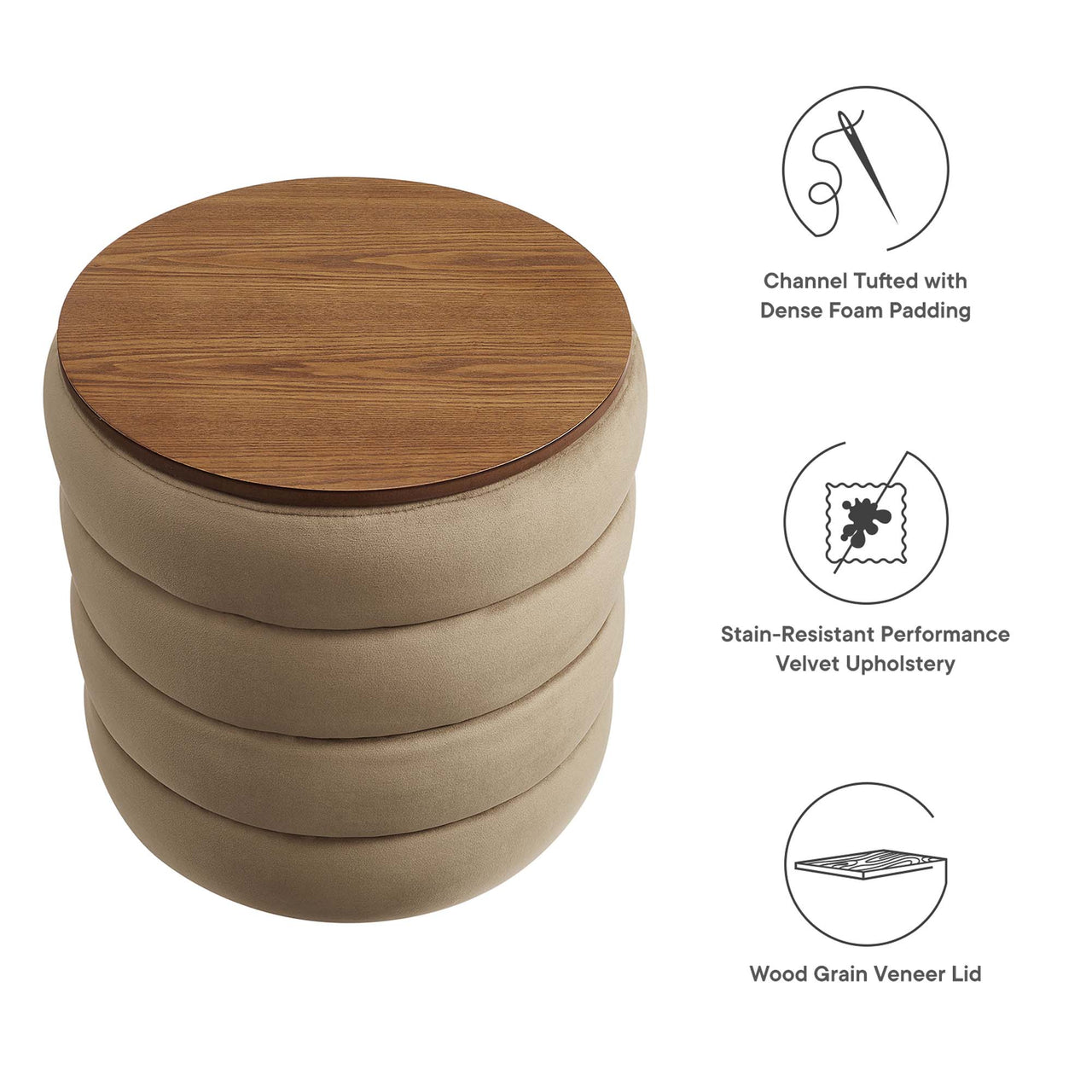 Stacked Round Velvet Storage Ottoman, Taupe