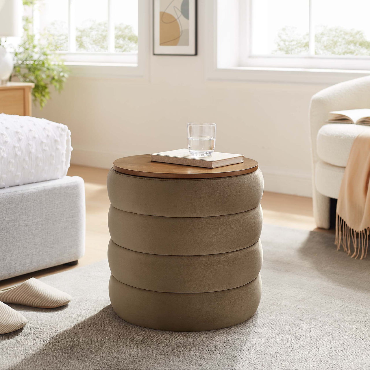Stacked Round Velvet Storage Ottoman, Taupe