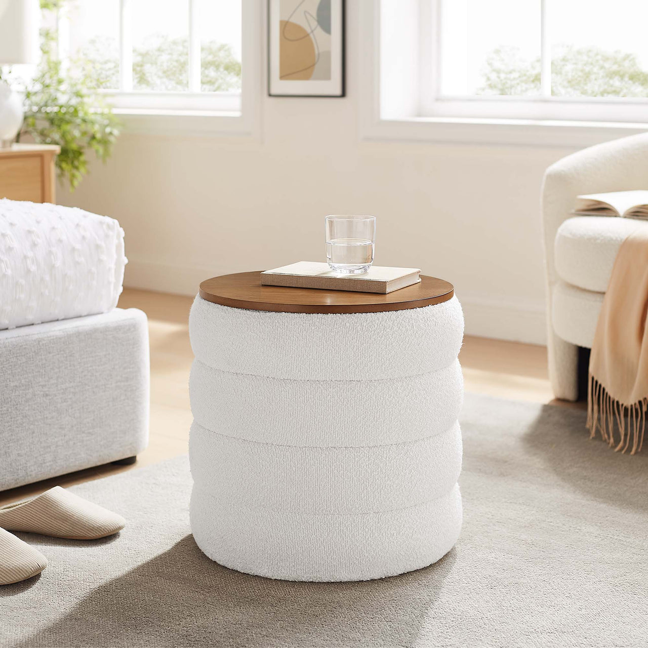 Stacked Round Boucle Storage Ottoman, Ivory