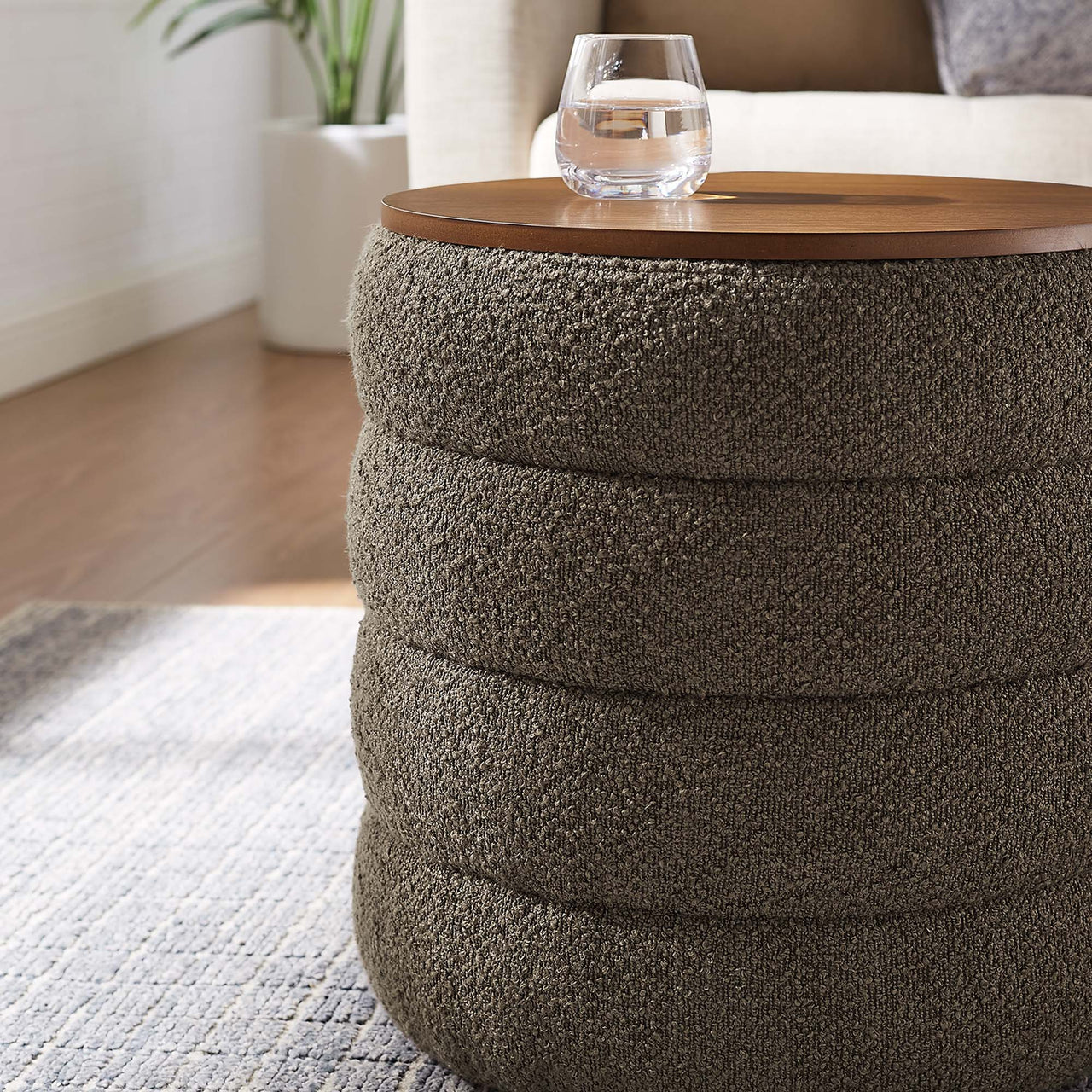 Stacked Round Boucle Storage Ottoman, Pebble