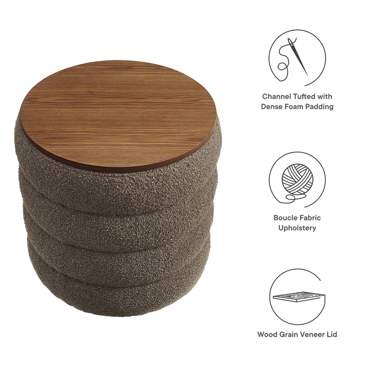 Stacked Round Boucle Storage Ottoman, Pebble