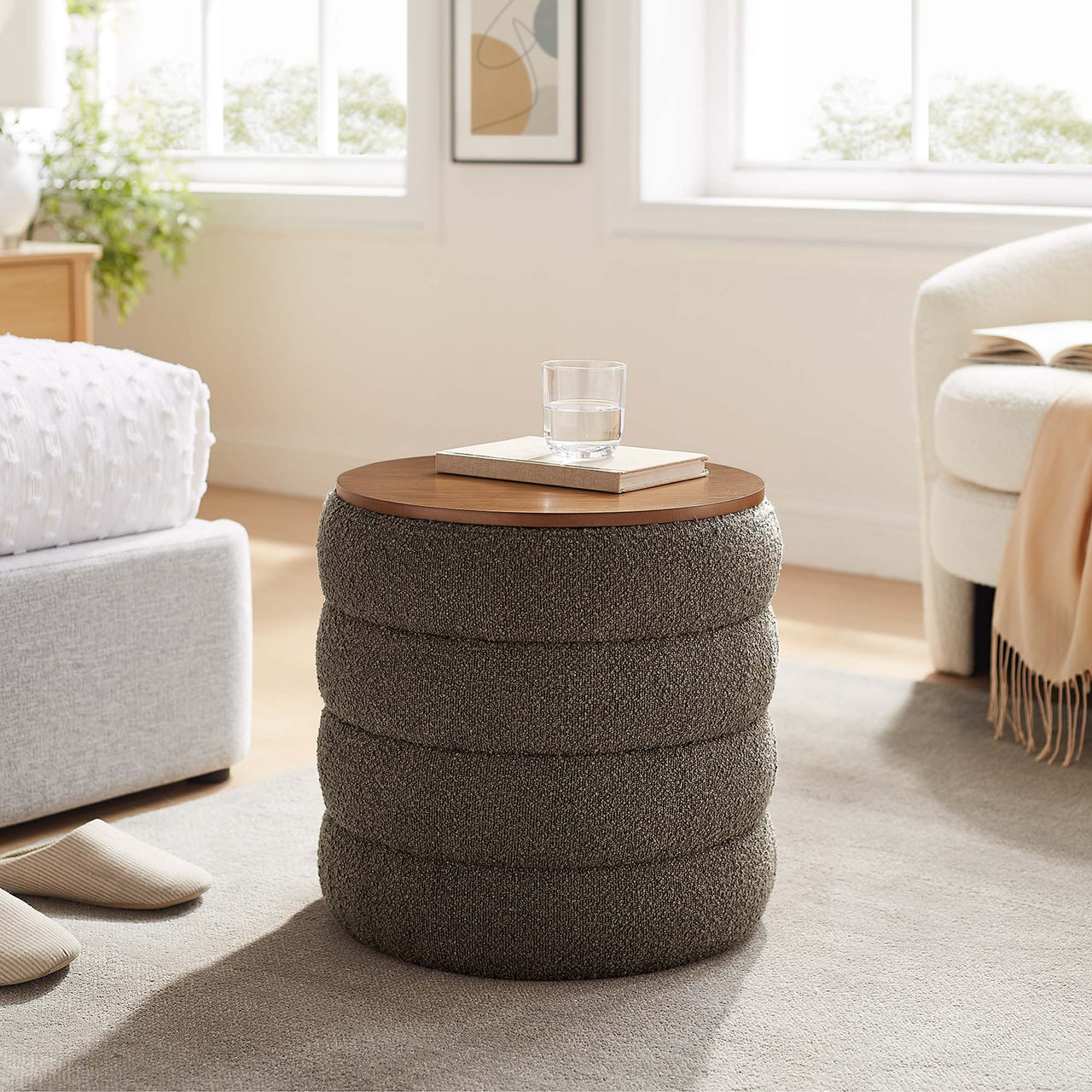 Stacked Round Boucle Storage Ottoman, Pebble