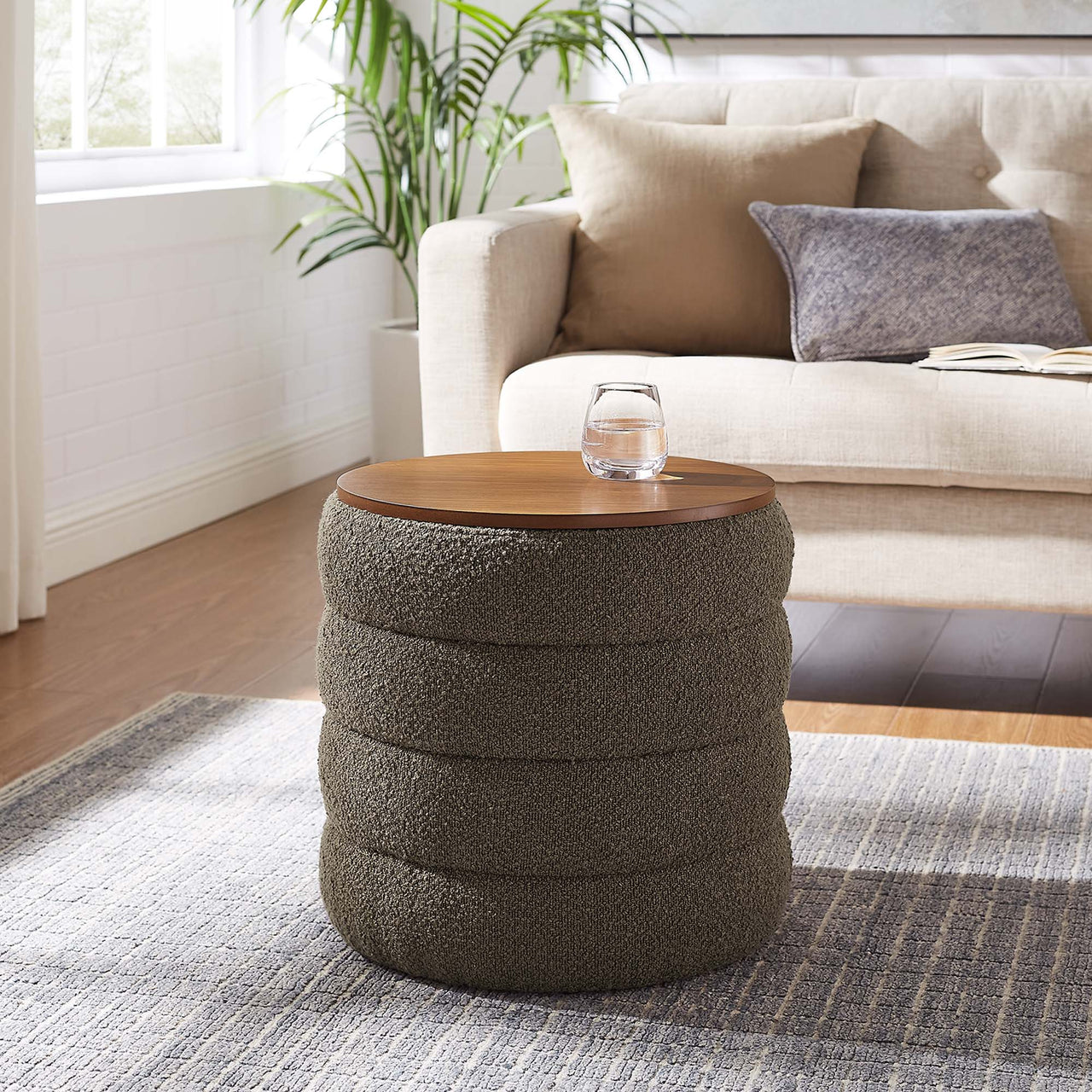 Stacked Round Boucle Storage Ottoman, Pebble