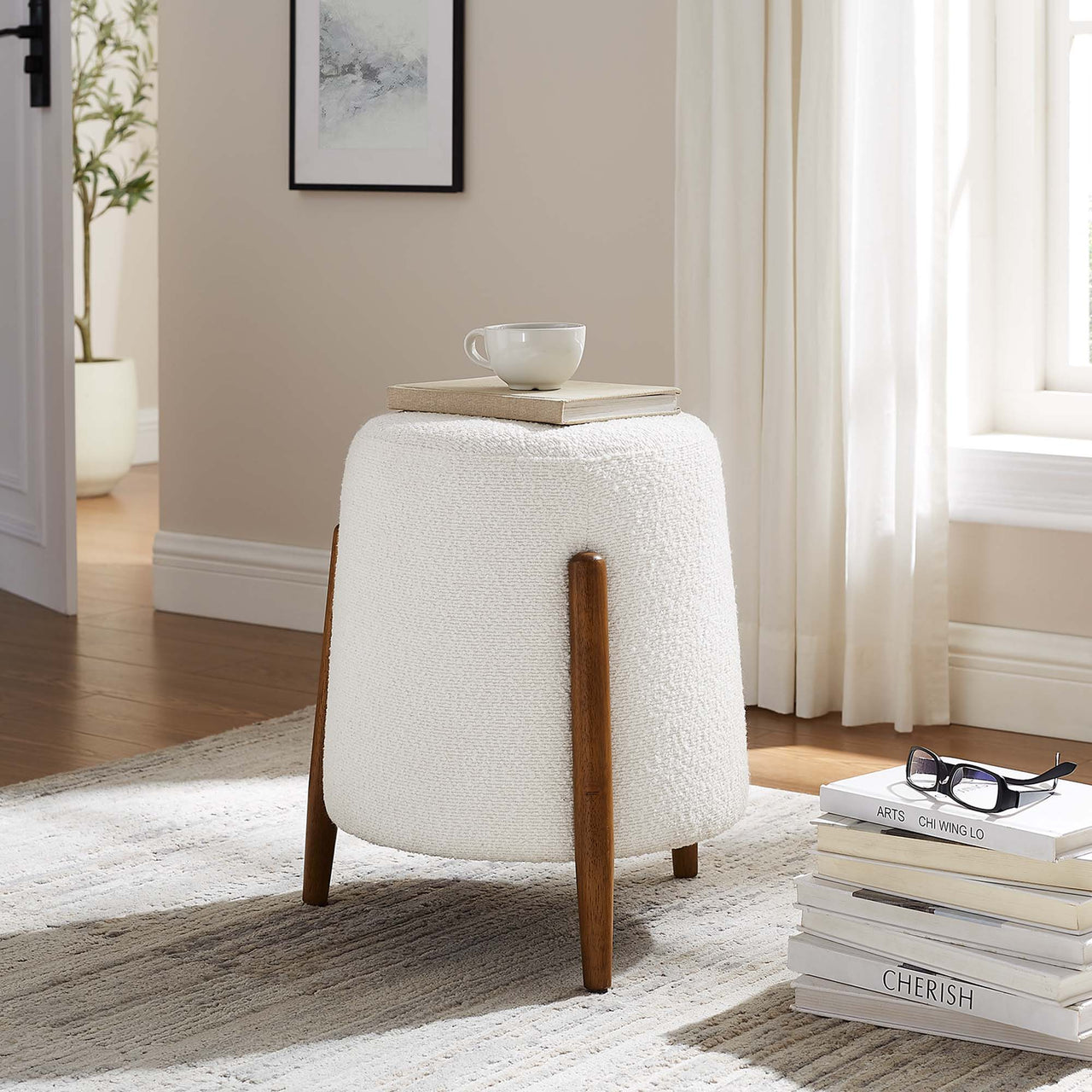 Cyravyn Boucle Ottoman, Ivory