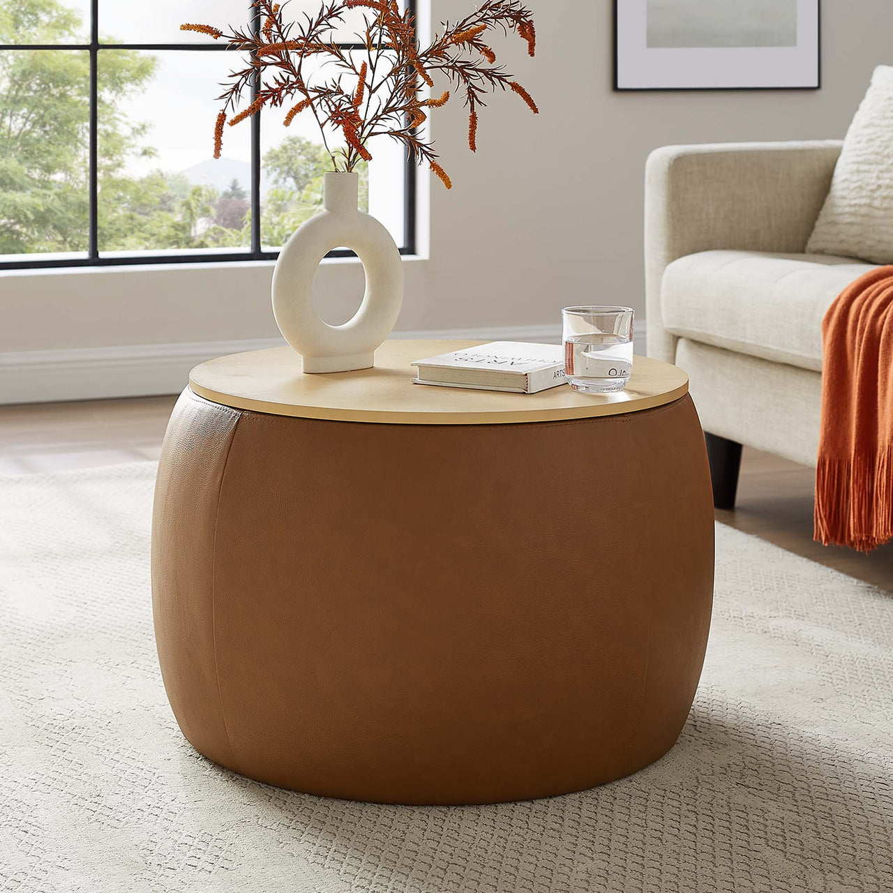Drum Eco-Leather Storage Ottoman, Tan