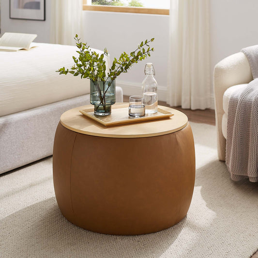 Drum Eco-Leather Storage Ottoman, Tan