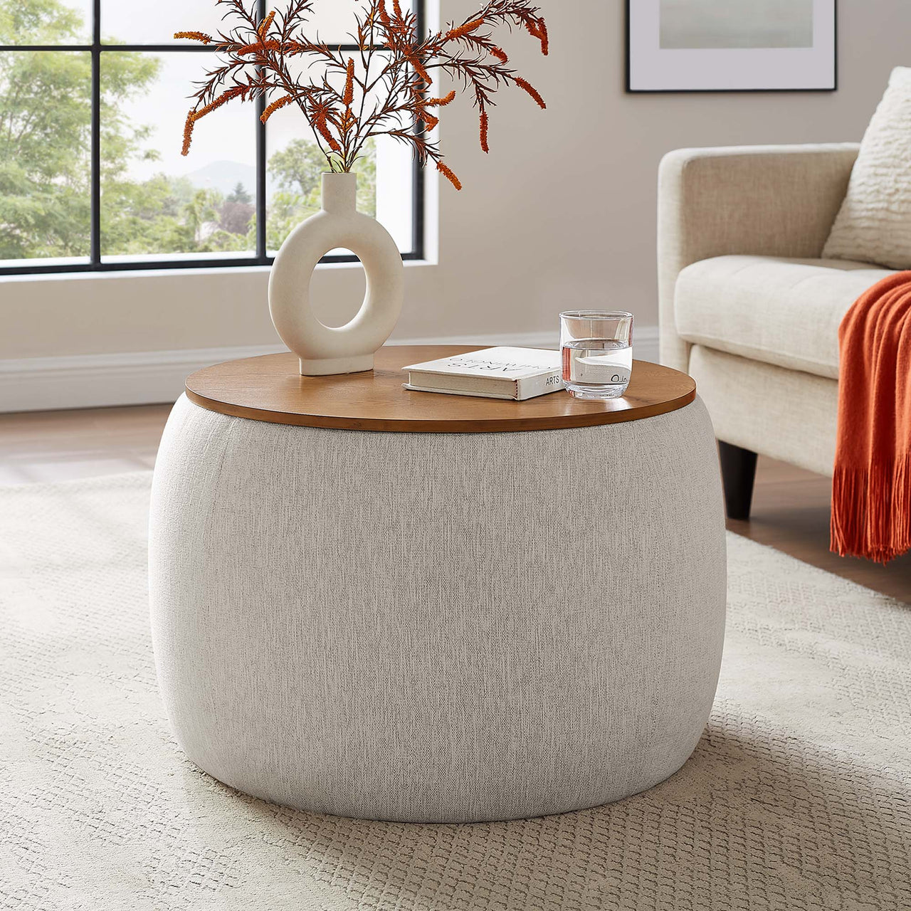 Perla Woven Heathered Fabric Upholstered Storage Ottoman, Heathered Weave Ivory