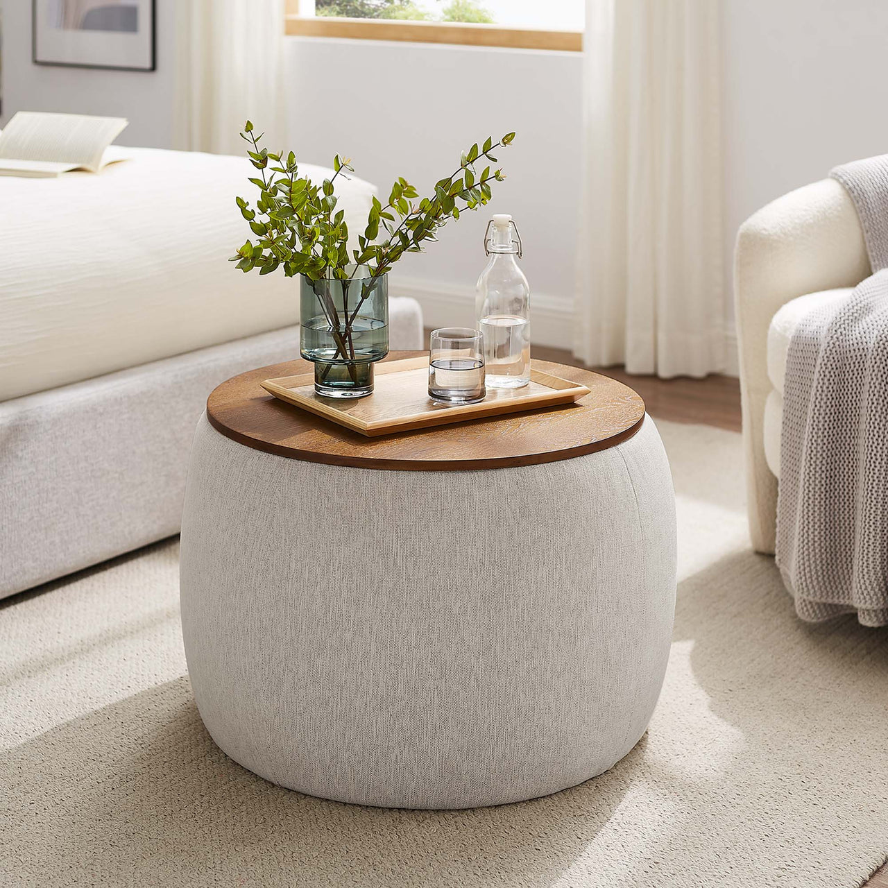 Perla Woven Heathered Fabric Upholstered Storage Ottoman, Heathered Weave Ivory