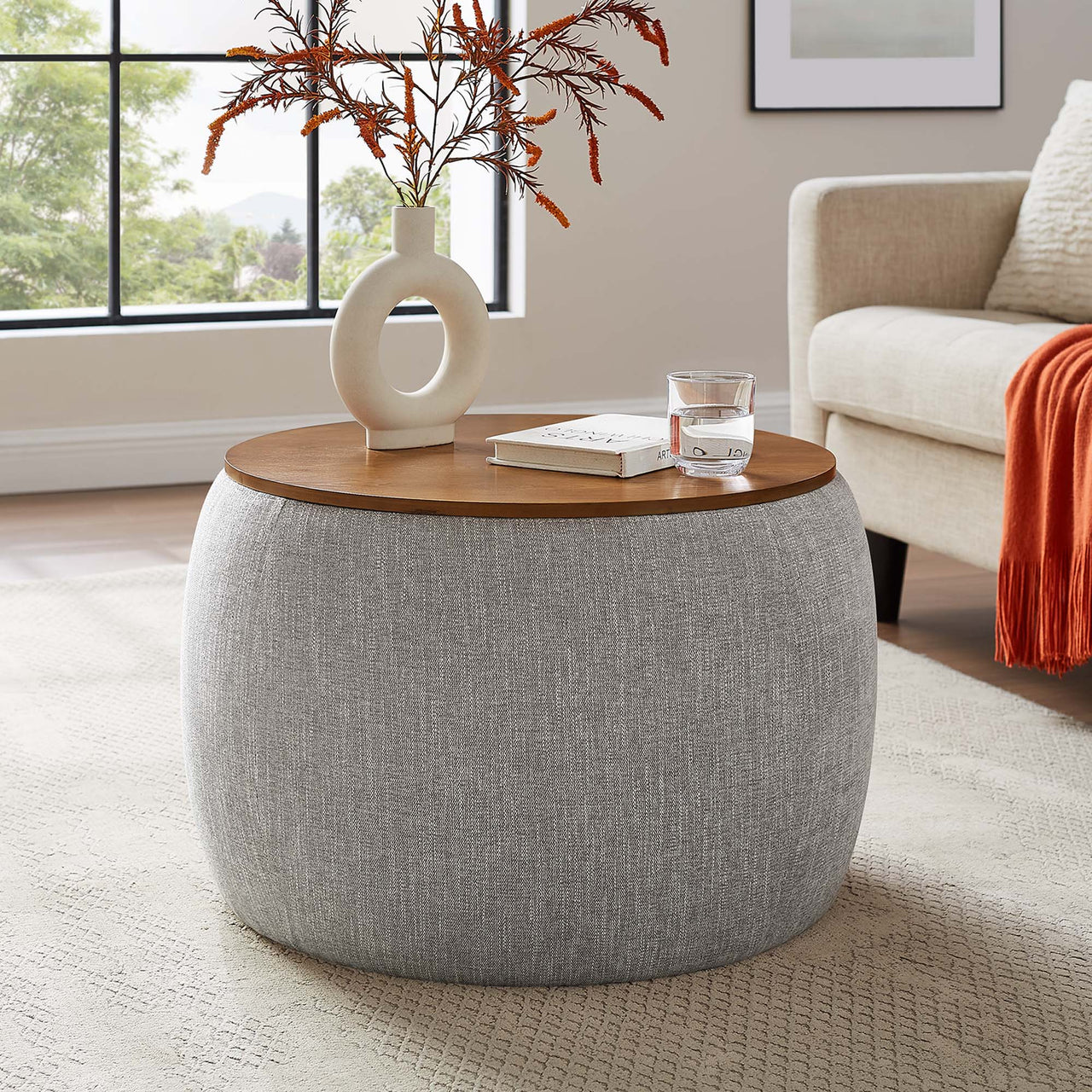 Perla Woven Heathered Fabric Upholstered Storage Ottoman, Heathered Weave Wheat