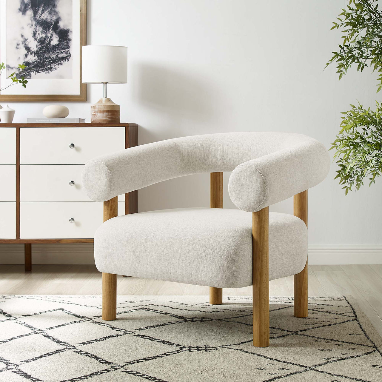 Feynelle Fabric Accent Chair, Ivory & Natural Wood
