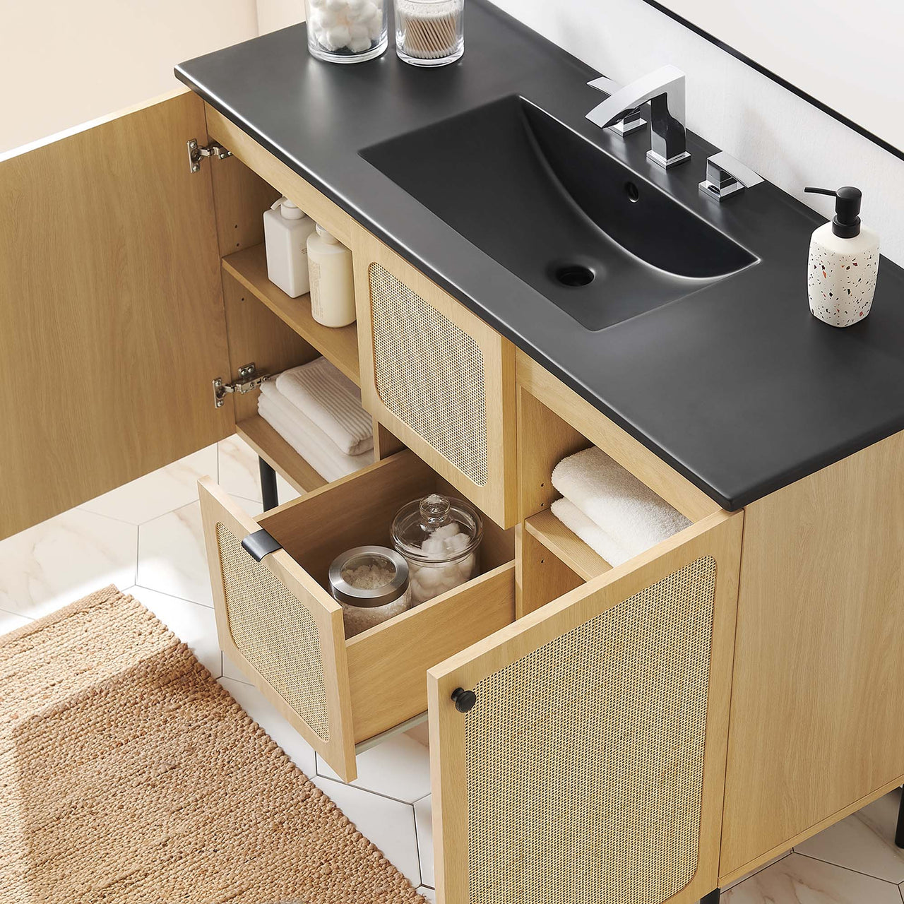 Calden Single Sink Vanity Unit, Extra Large, Oak & Black