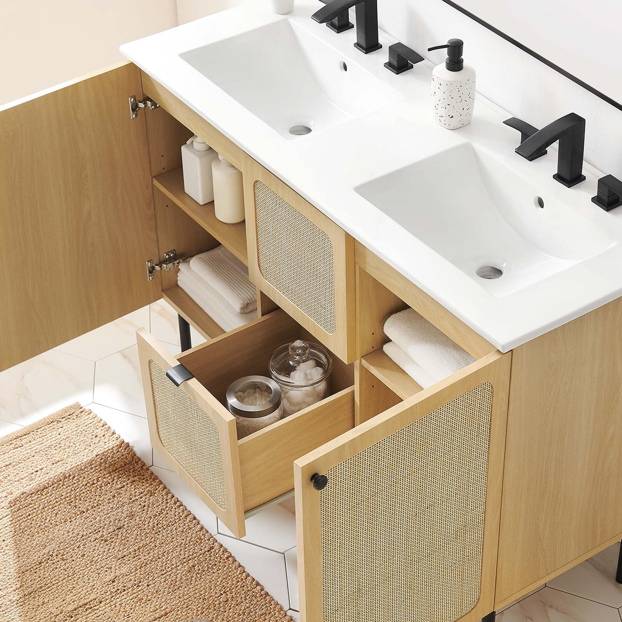 Calden Double Sink Vanity Unit, Extra Large, Oak & White