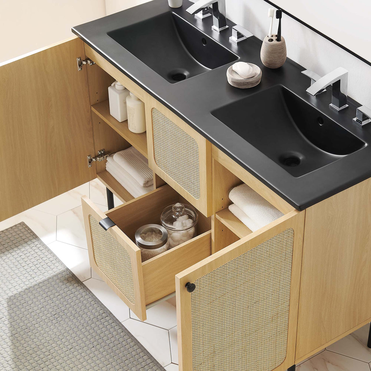 Calden Double Sink Vanity Unit, Extra Large, Oak & Black