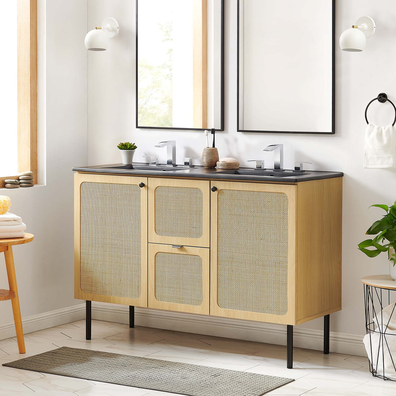 Calden Double Sink Vanity Unit, Extra Large, Oak & Black