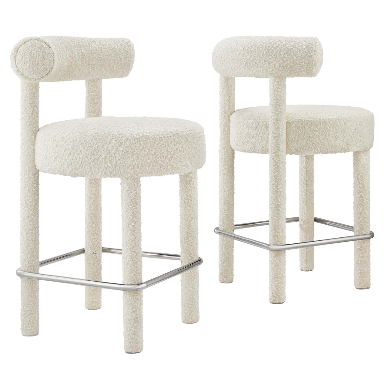 Metropole Upholstered Boucle Counter Stool Set of 2, Ivory & Silver