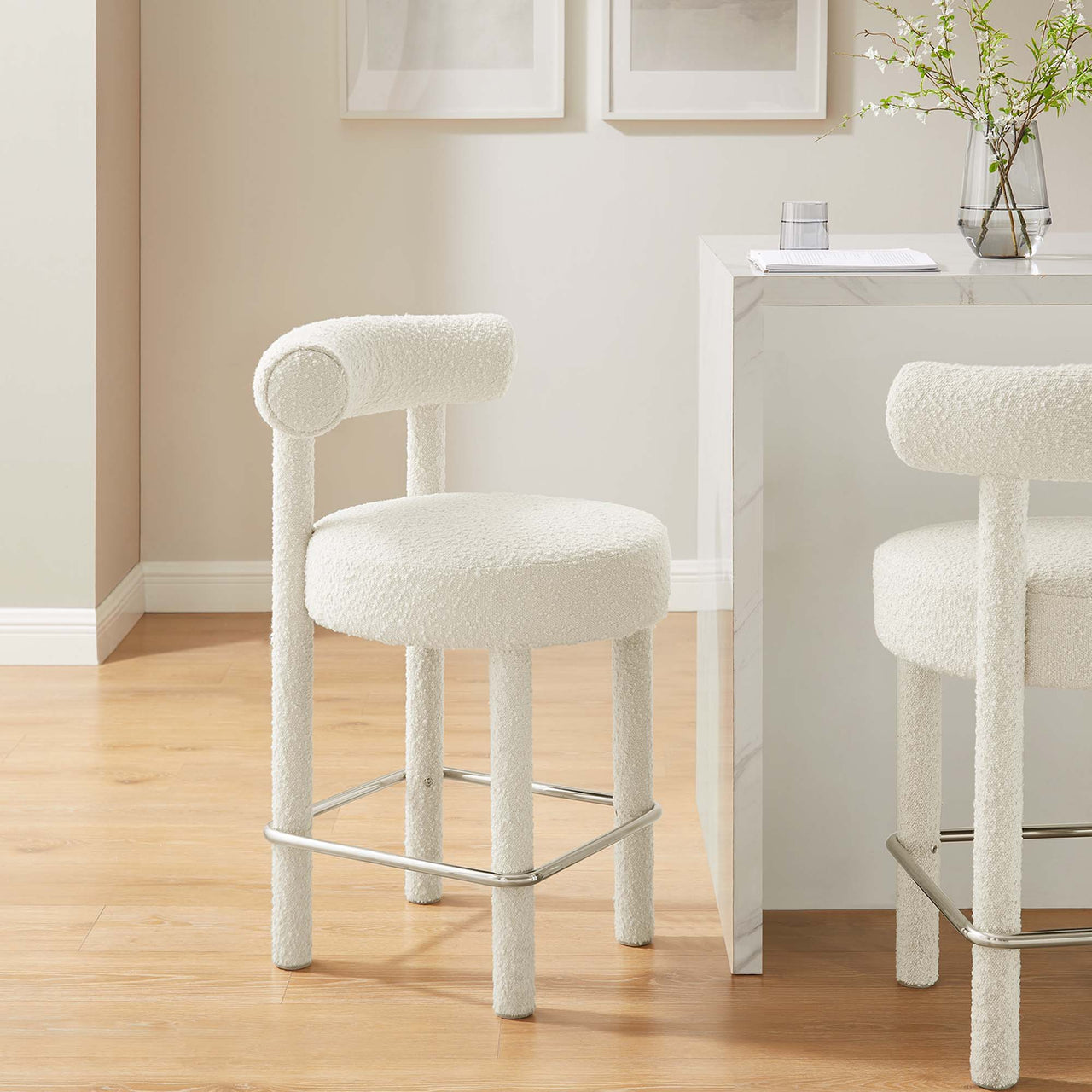 Metropole Upholstered Boucle Counter Stool Set of 2, Ivory & Silver