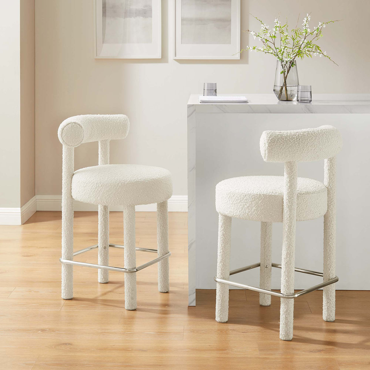 Metropole Upholstered Boucle Counter Stool Set of 2, Ivory & Silver