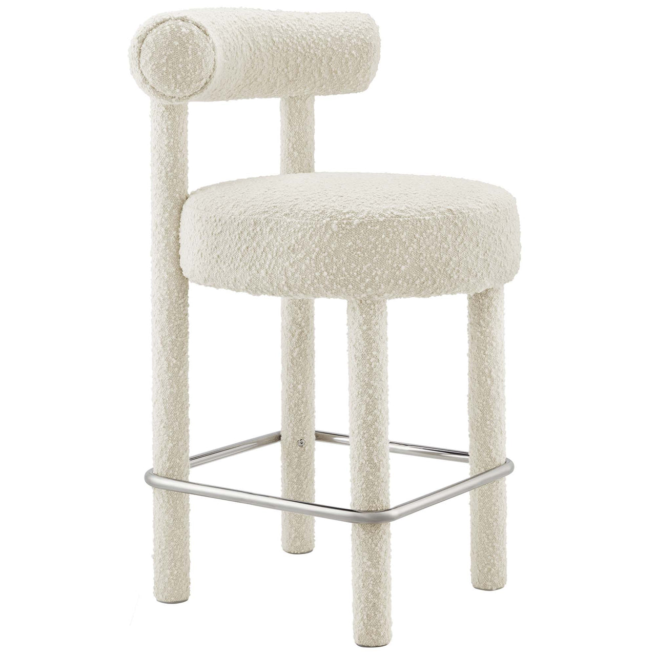 Metropole Upholstered Boucle Counter Stool Set of 2, Ivory & Silver