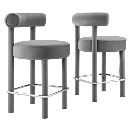 Metropole Upholstered Velvet Counter Stool Set of 2, Gray & Silver